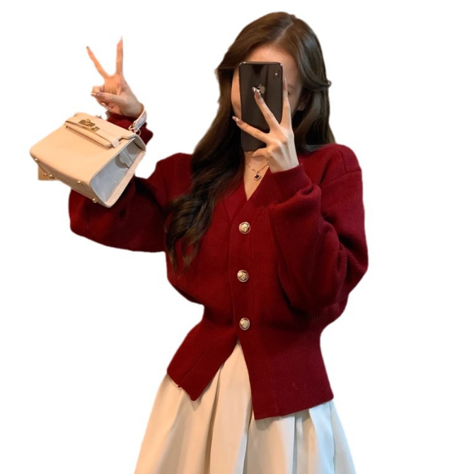 デート服 金釦付きブイネックニットカーディガン