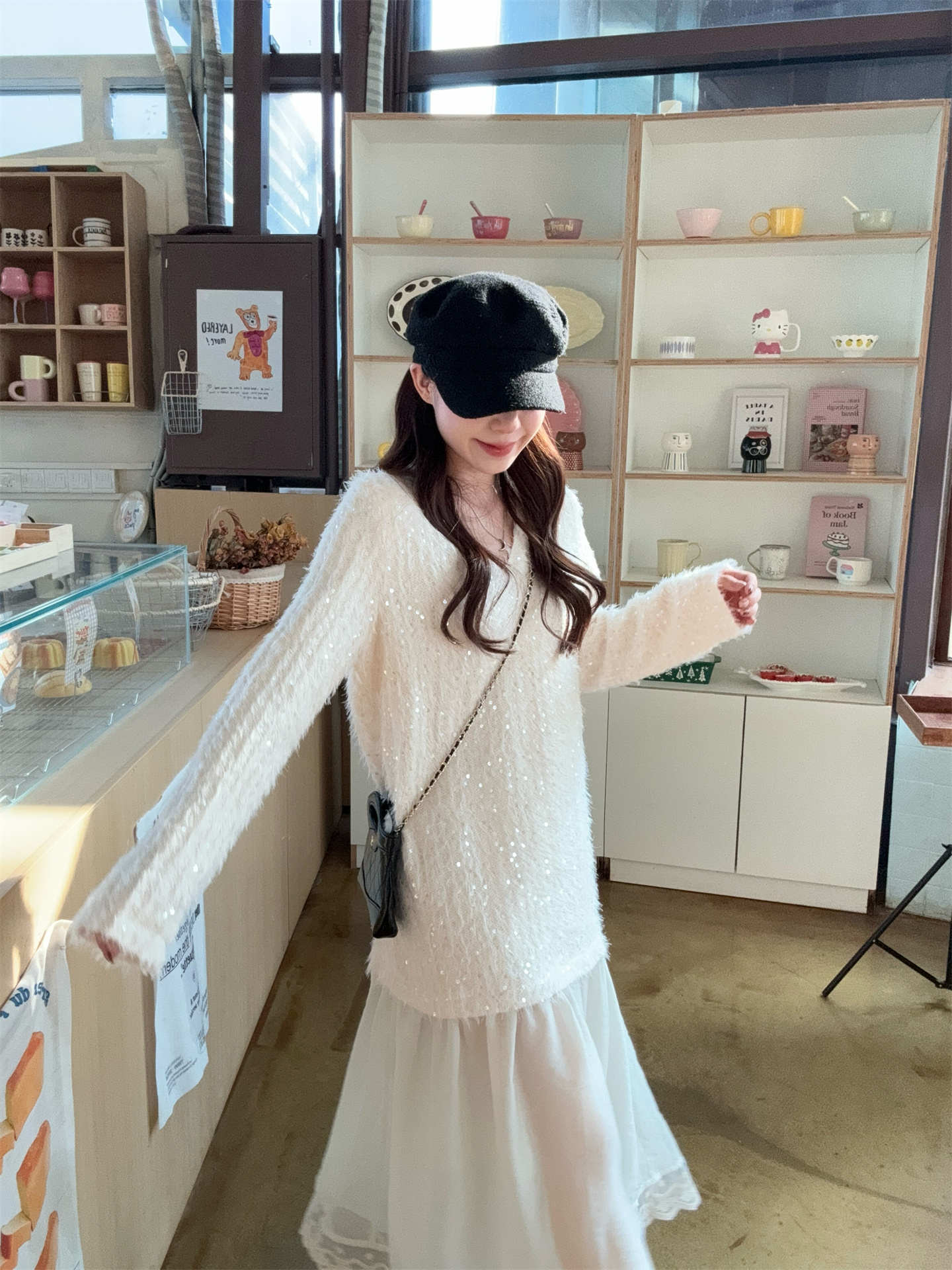 デート服 上品な気質溢れるパッチワーク風レイヤードワンピース