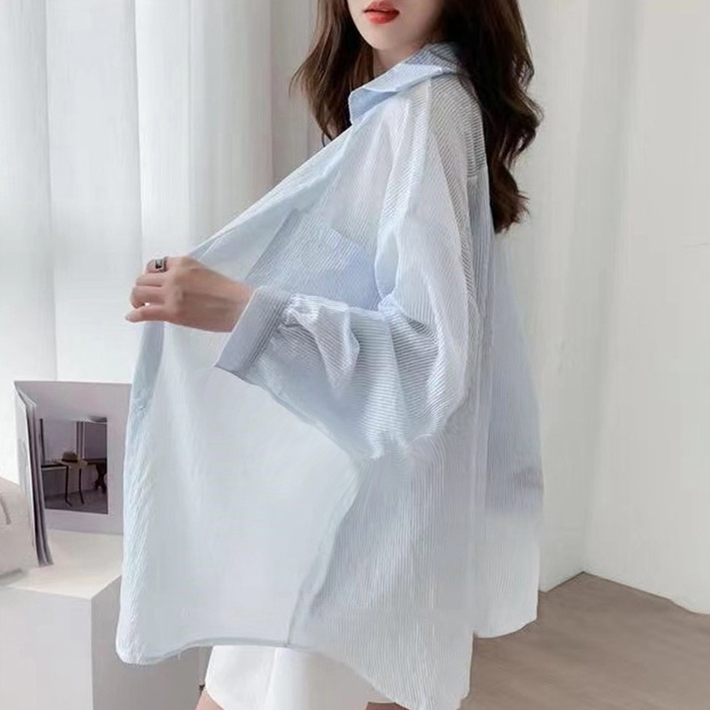 デート服 夏のデート用 透け感ストライプシアーシャツ
