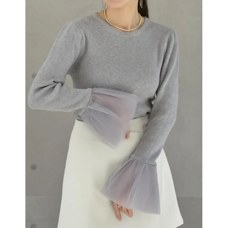 デート服 袖口シフォン切替リブニット長袖トップス3色