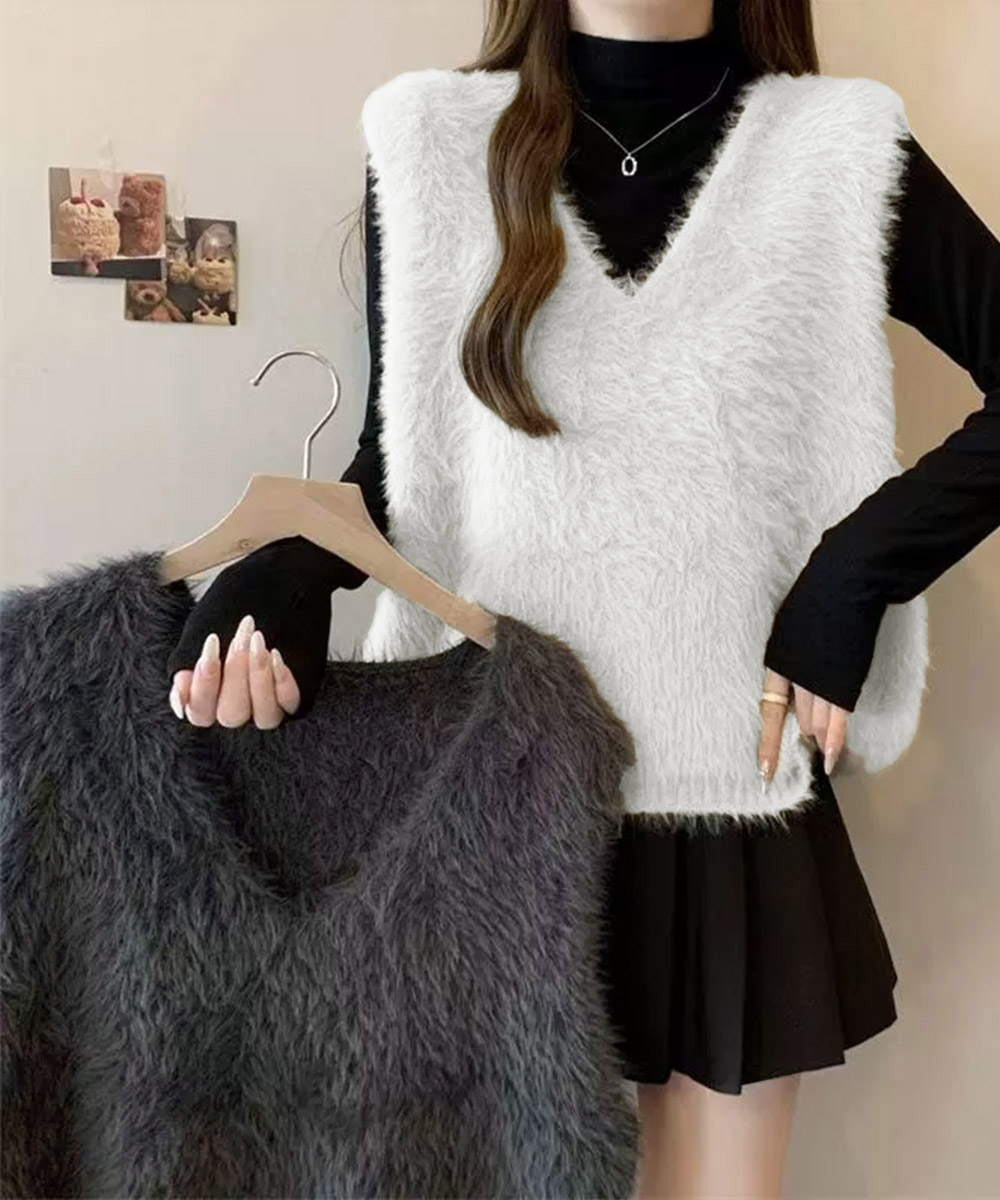 デート服 ふわふわ起毛フェザーニットベスト