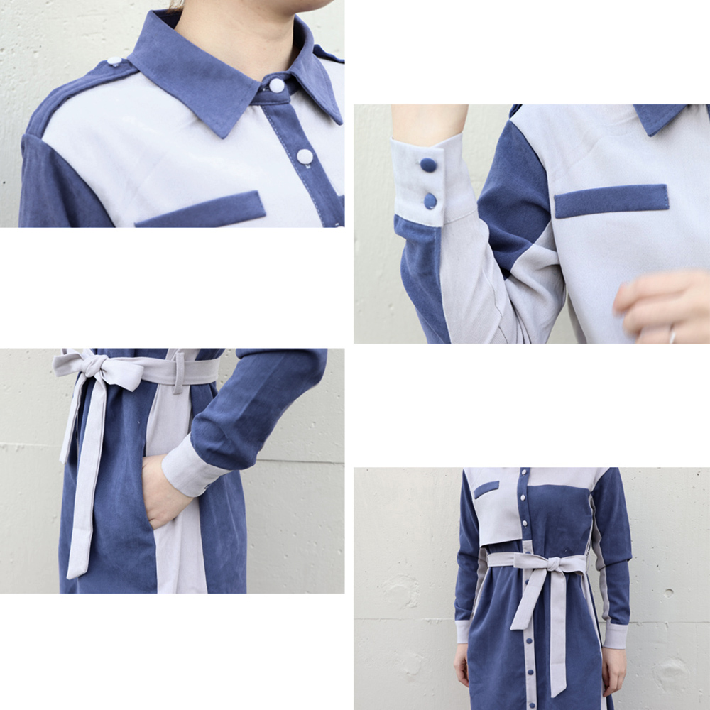 デート服 バイカラー ウエストリボン ロングシャツワンピース