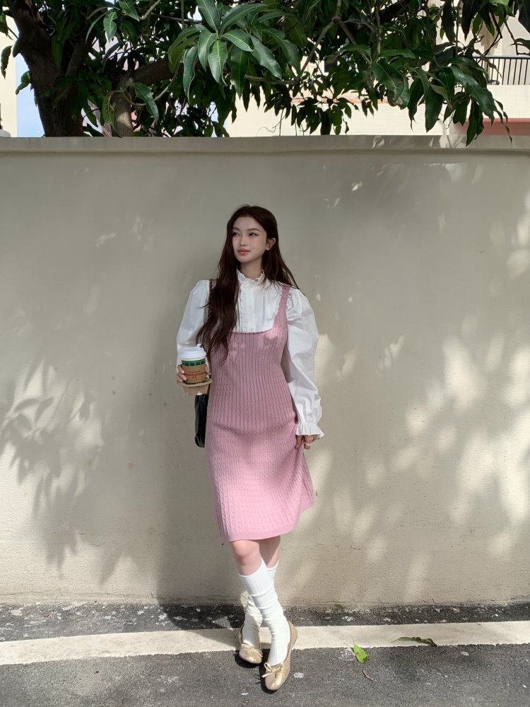 デート服 春新作 上品シャツ＆ニットキャミワンピースセット