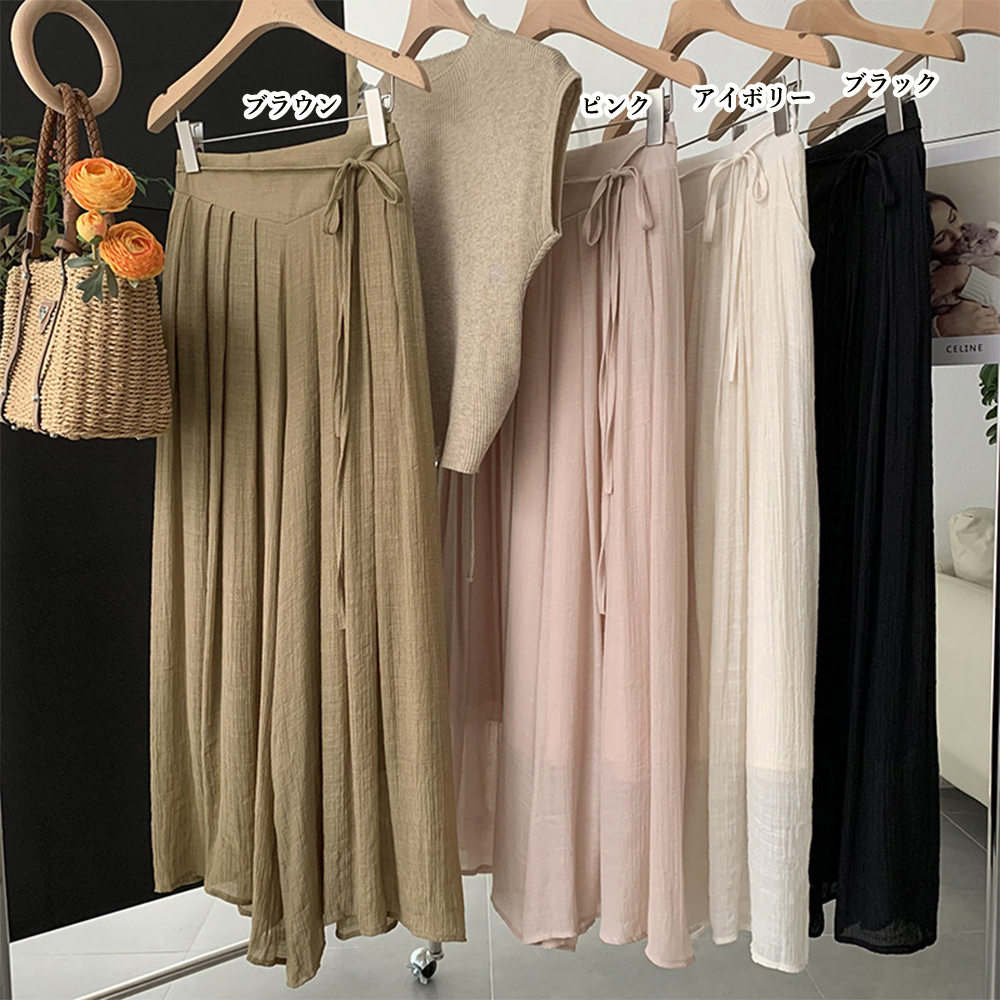 デート服 スカート見えする綿麻とろみワイドズボン