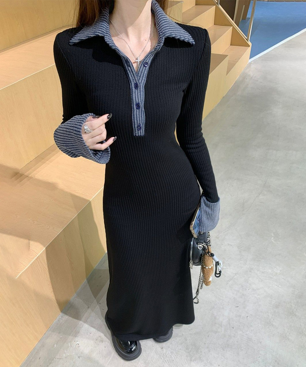 デート服 配色襟付きリブニットロングワンピース