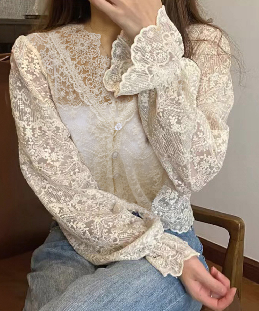デート服 花柄総レースブラウス透け感長袖トップス