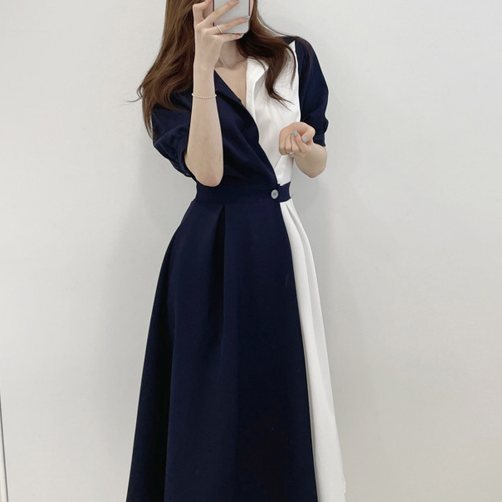バイカラーシャツワンピース ミモレ丈 デート服