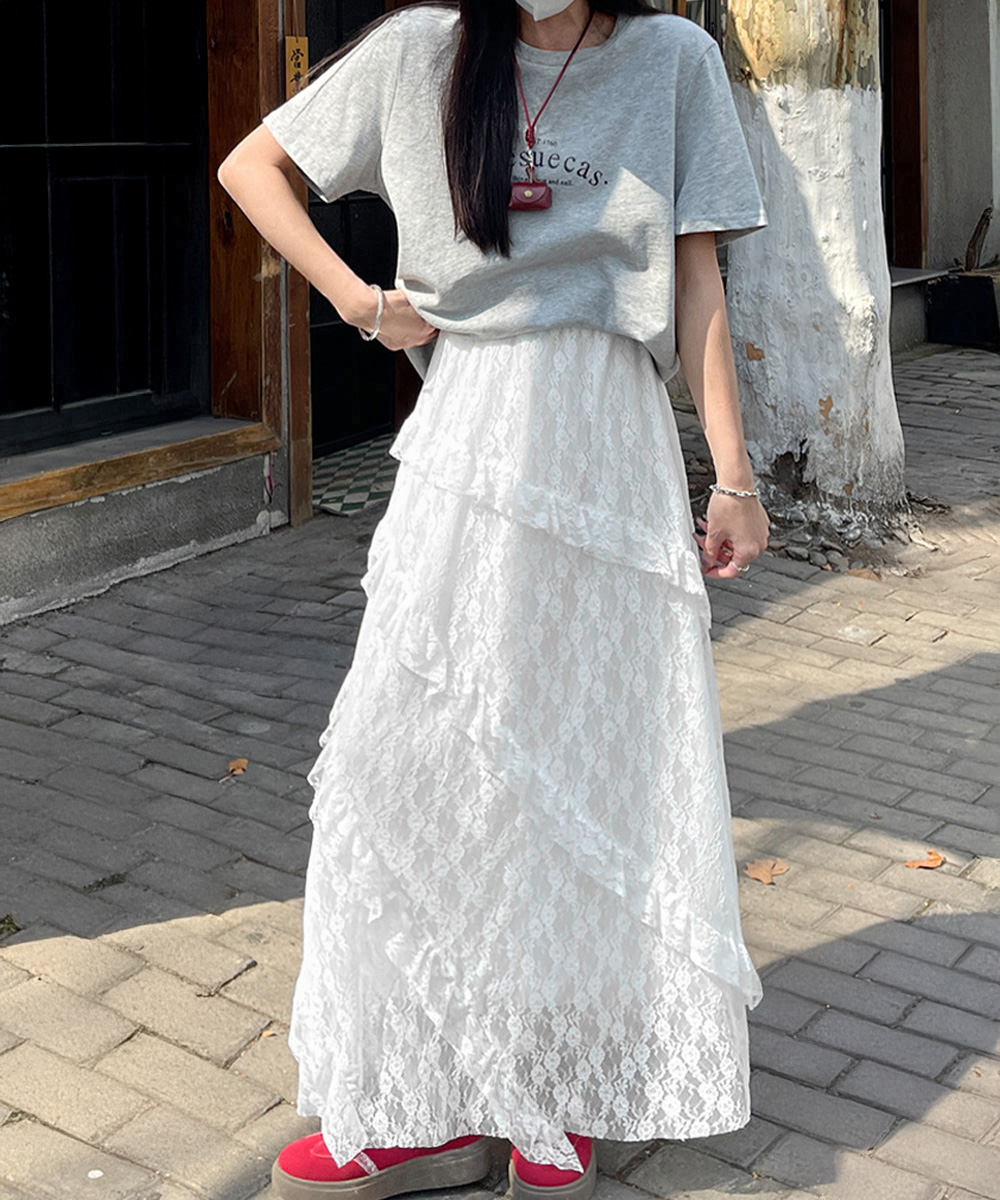 デート服 優美なレースティアードロングスカート