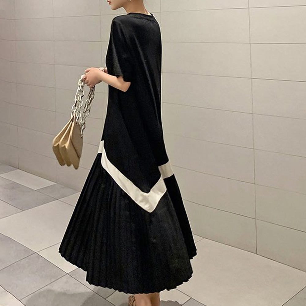 デート服 配色切り替え プリーツ ロングワンピース