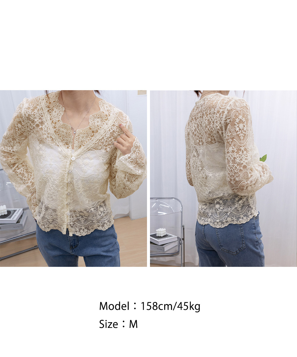 デート服 花柄総レースブラウス透け感長袖トップス