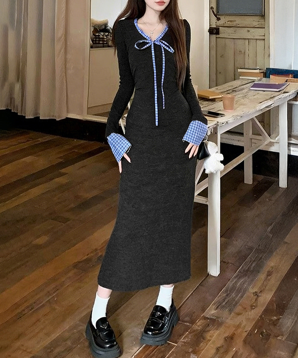 デート服 配色リボンニット長袖マーメイドワンピース