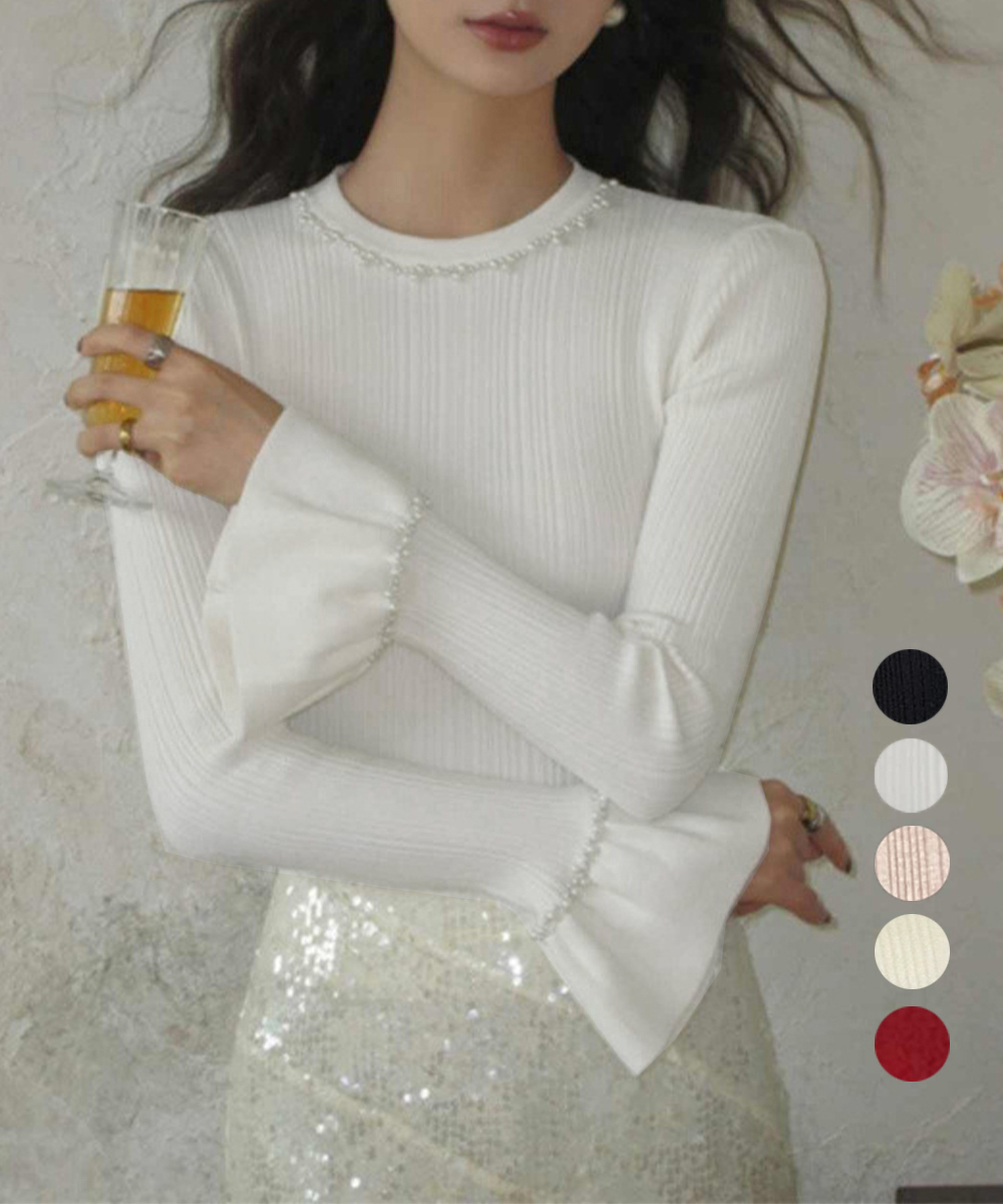 デート服 パール付きニット フレア袖トップス