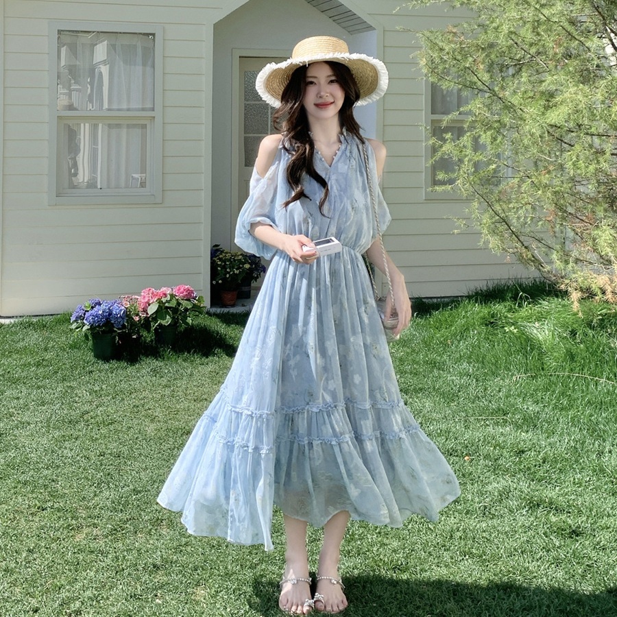 デート服 夏の花柄ロング丈ワンピース コールドショルダー