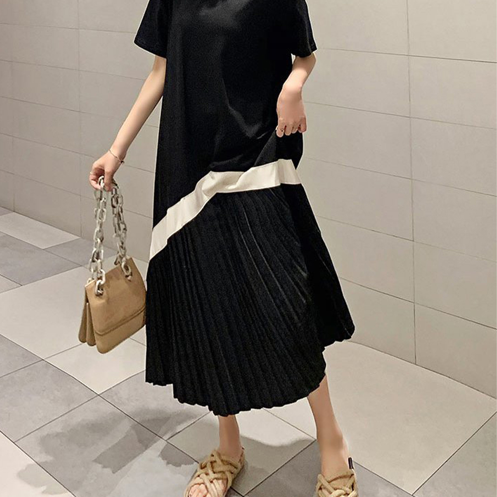 デート服 配色切り替え プリーツ ロングワンピース