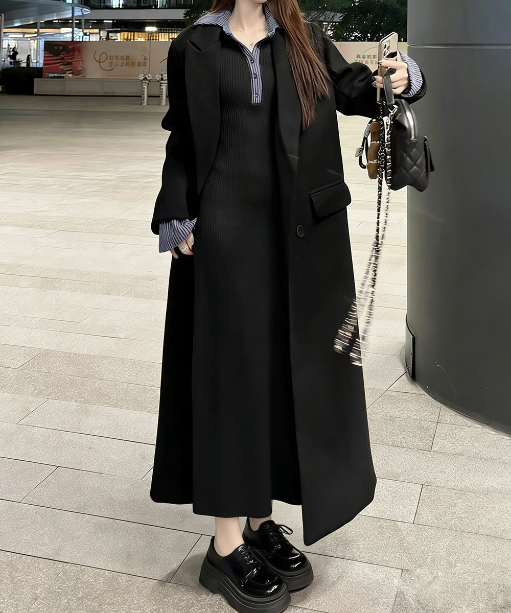 デート服 配色襟付きリブニットロングワンピース