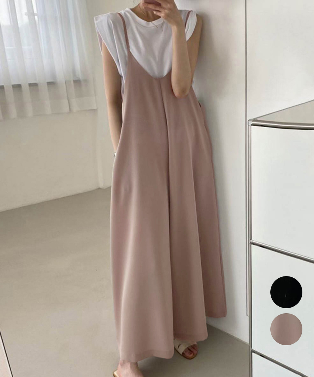デート服 大人のVネックキャミサロペット ワイドズボン
