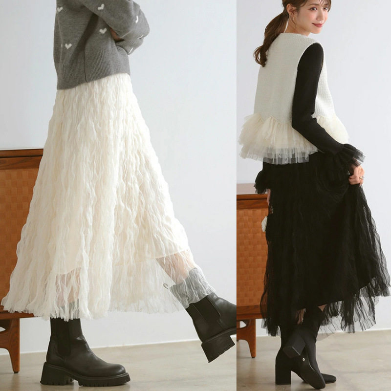 デート服 ふわふわチュールスカート韓国風レディース2色