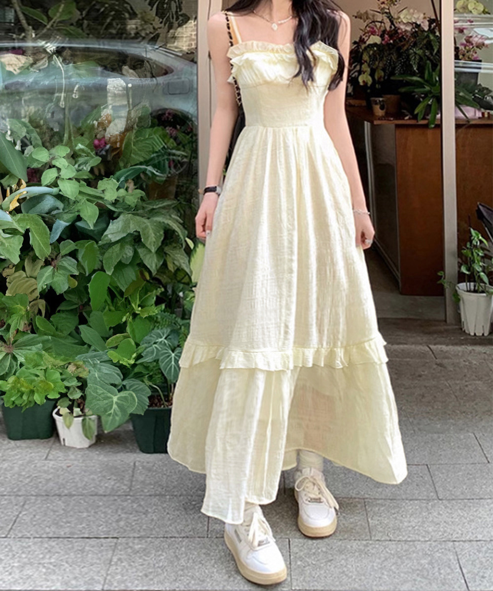デート服 フリルティアード キャミロングワンピース