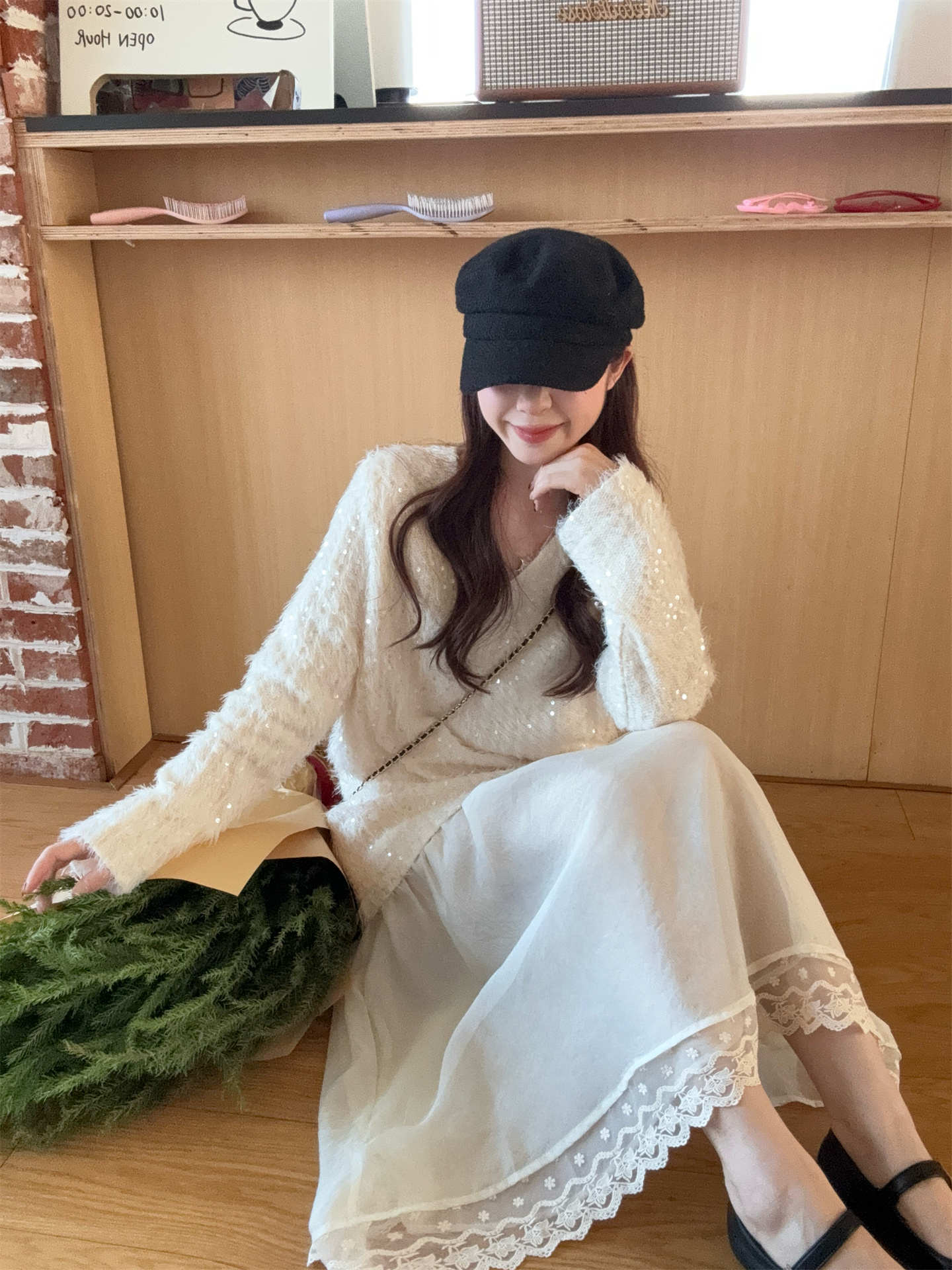 デート服 上品な気質溢れるパッチワーク風レイヤードワンピース