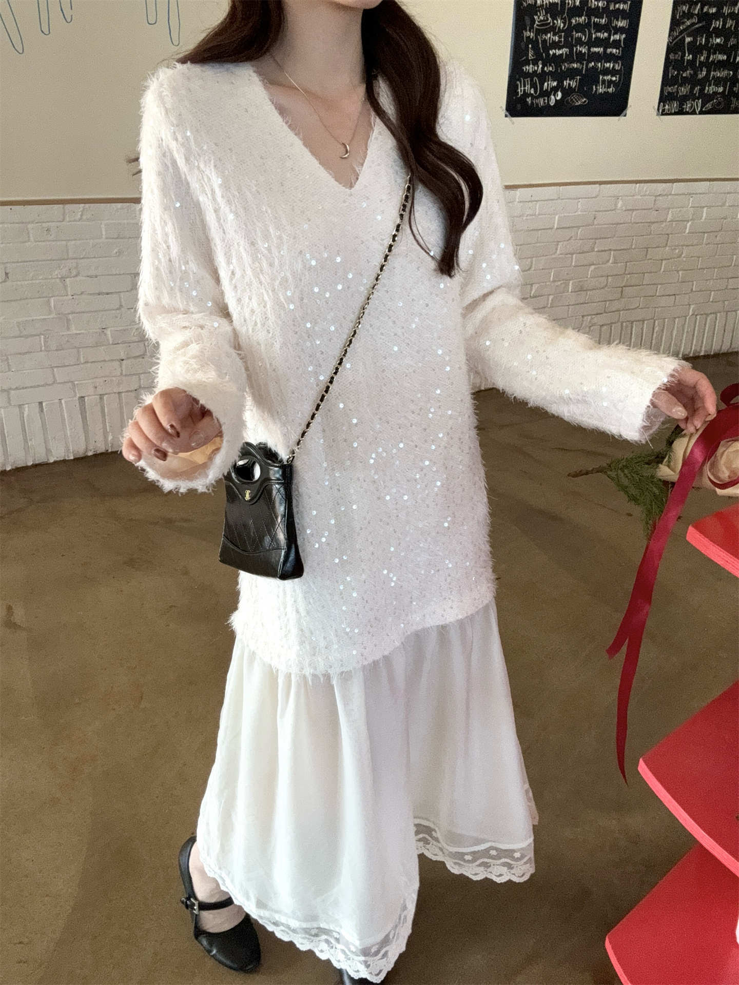 デート服 上品な気質溢れるパッチワーク風レイヤードワンピース