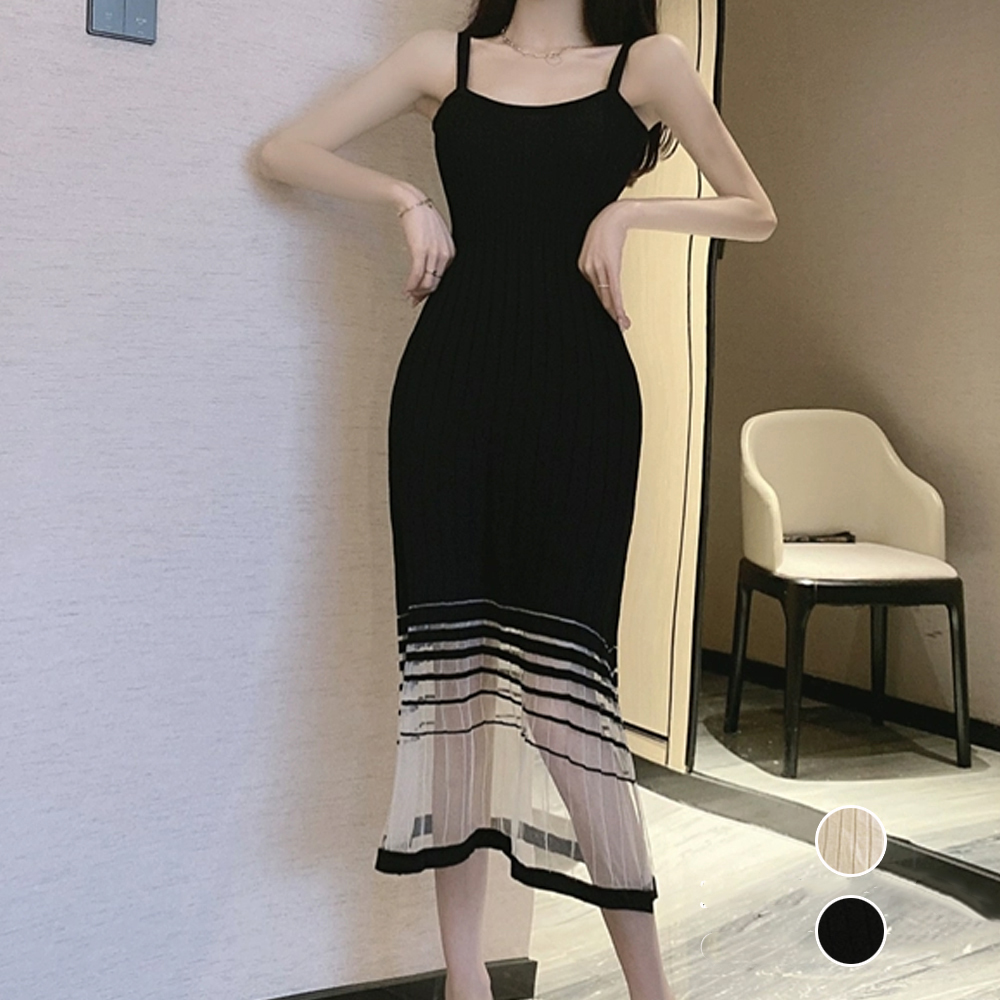 デート服 裾シースルー キャミニットワンピース 夏