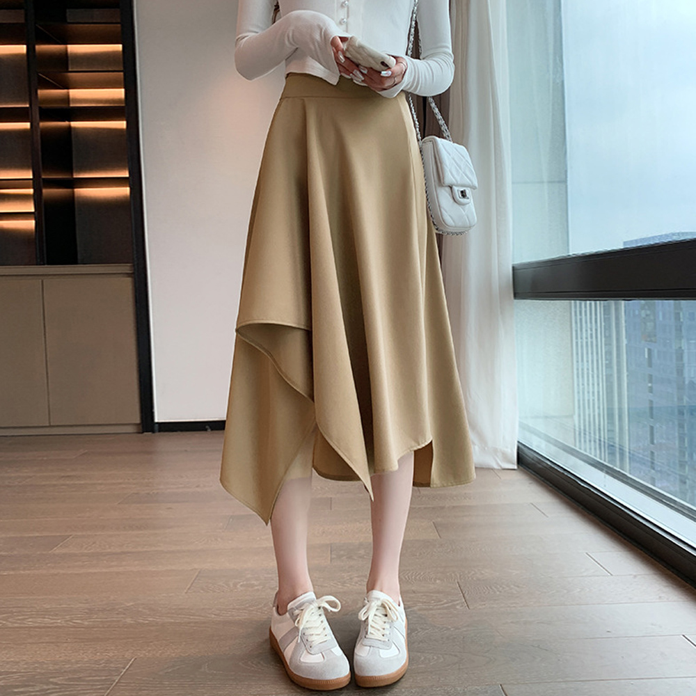デート服 ハイウエスト変形ヘムスカート 韓国風膝下丈