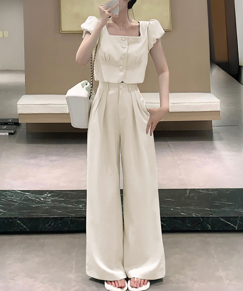 デート服 春夏パフスリーブトップス×ワイドパンツセットアップ