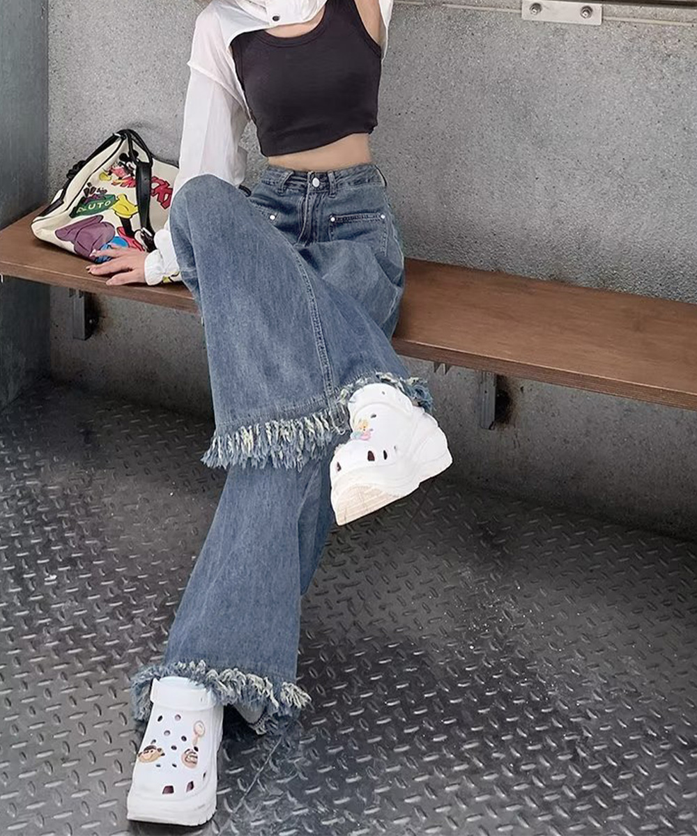 デート服 フリンジ裾 ワイドデニムパンツ 美脚ズボン