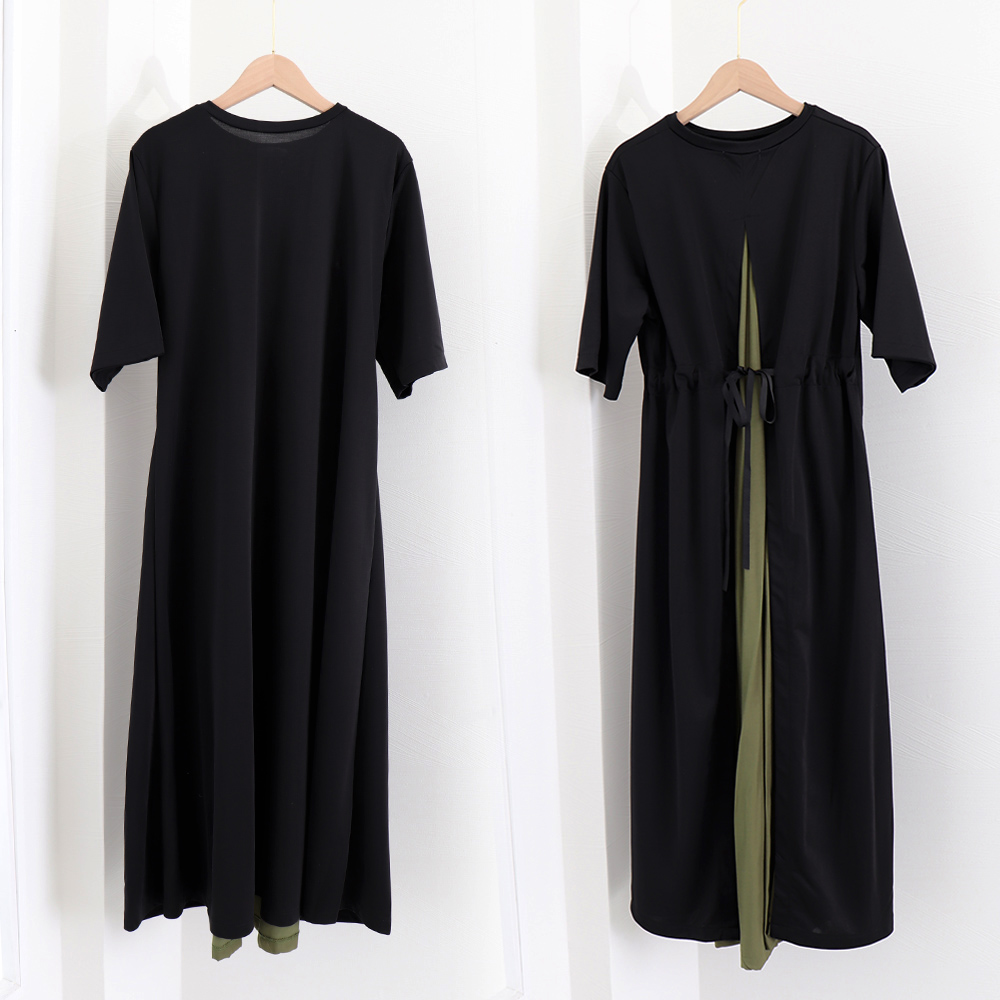 デート服 バック切り替え 上品ミモレ丈ワンピース