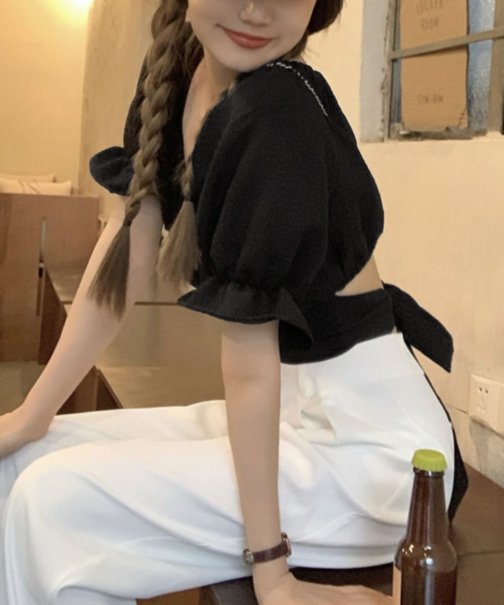 デート服 背中リボン付きオフショルダーブラウス