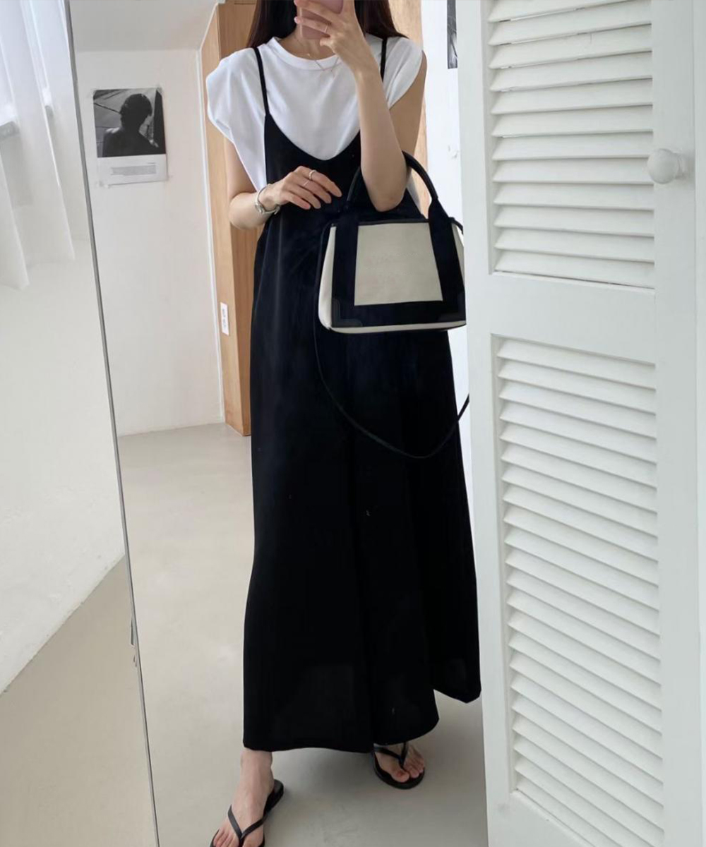 デート服 大人のVネックキャミサロペット ワイドズボン