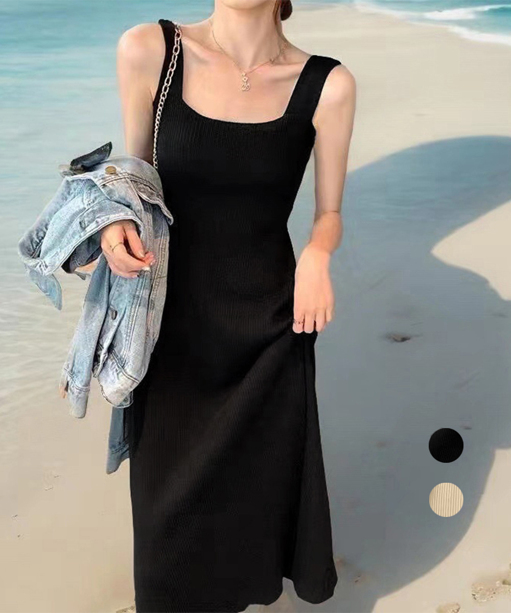 デート服 スクエアネック ニットタンクワンピース