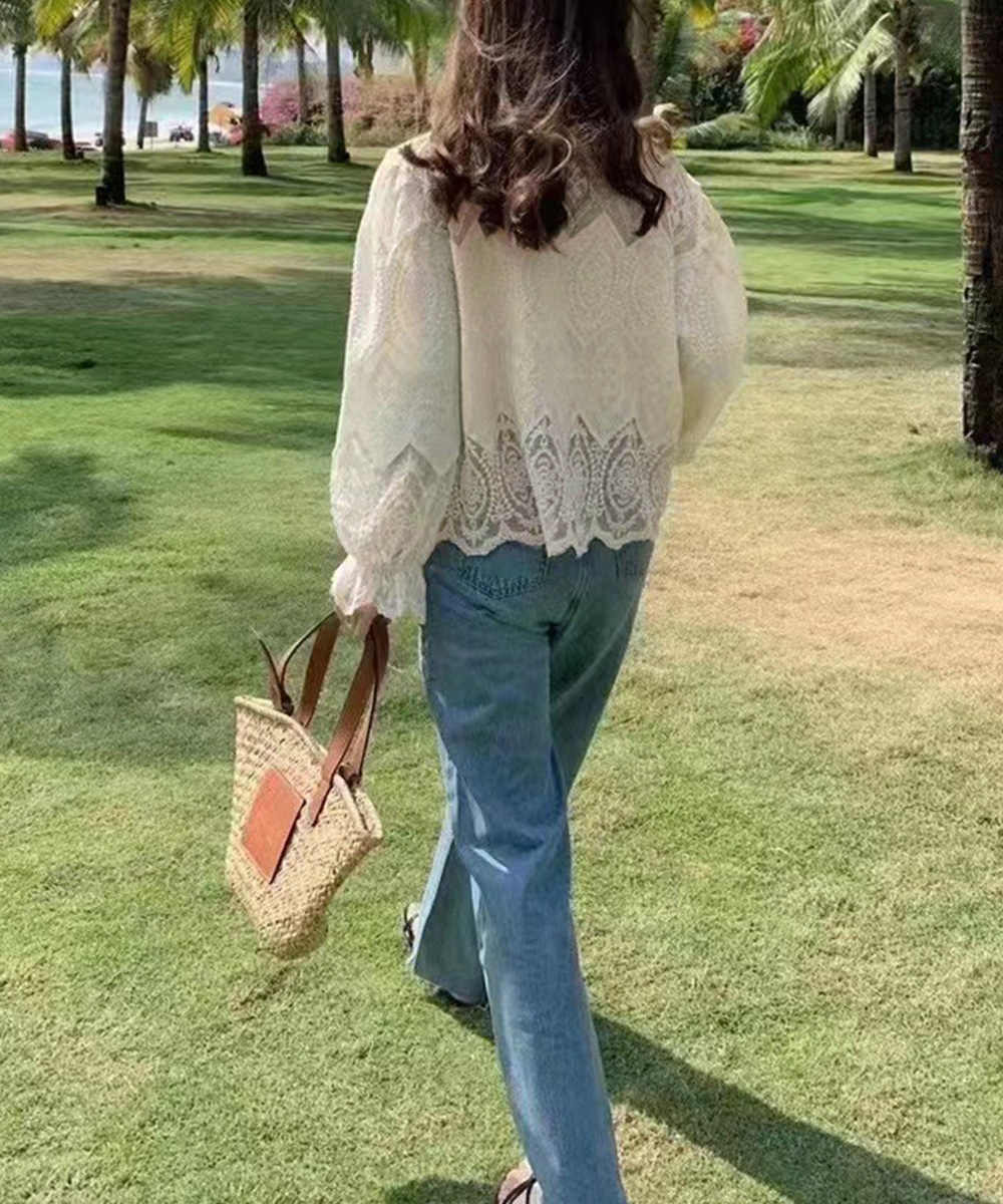 デート服 透け感レース袖ボリュームブラウス春夏