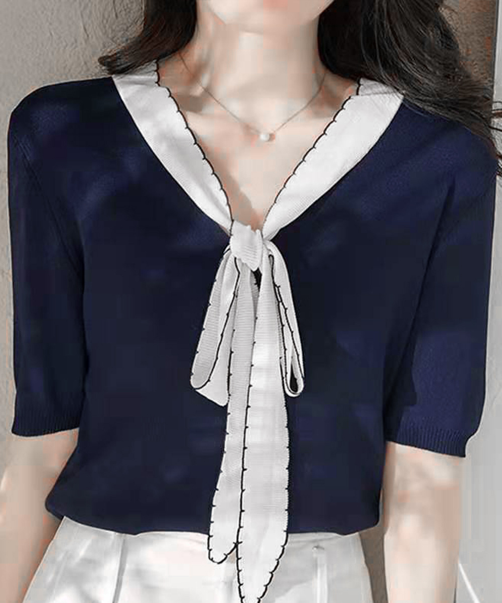 デート服 夏のデート用 リボン付きVネックニット