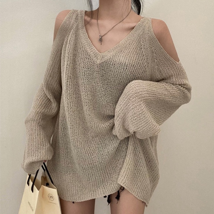デート服 肩見せ編みニット 長袖 ゆったり 夏用