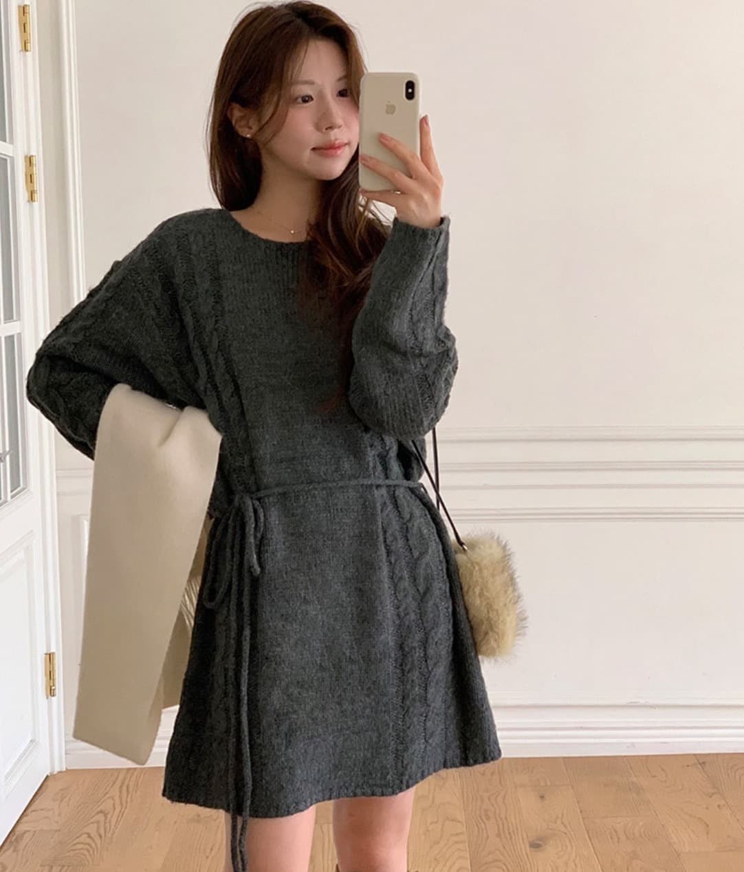 デート服 早春新作上品ケーブル編みニットワンピース