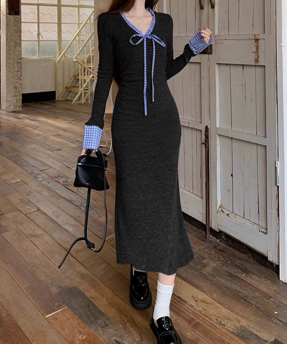 デート服 配色リボンニット長袖マーメイドワンピース