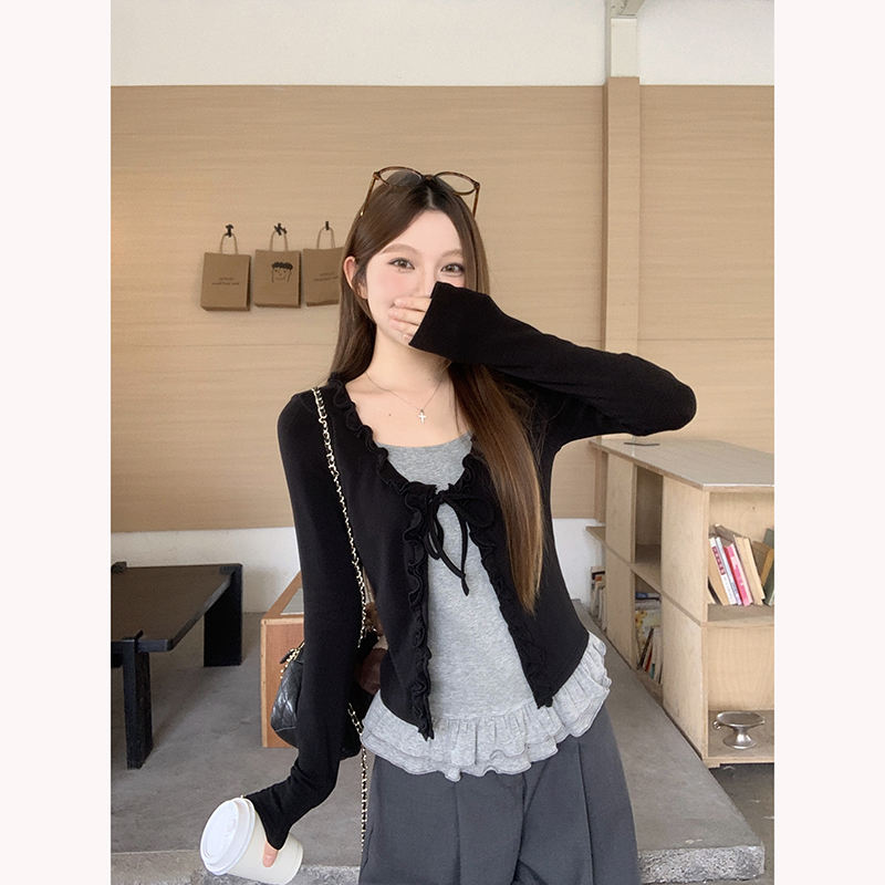 デート服 上品フリル切り替えカーディガン