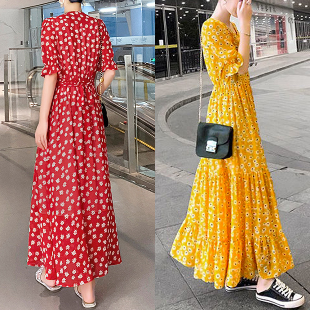 デート服 花柄ティアードワンピース 春夏 Vネック