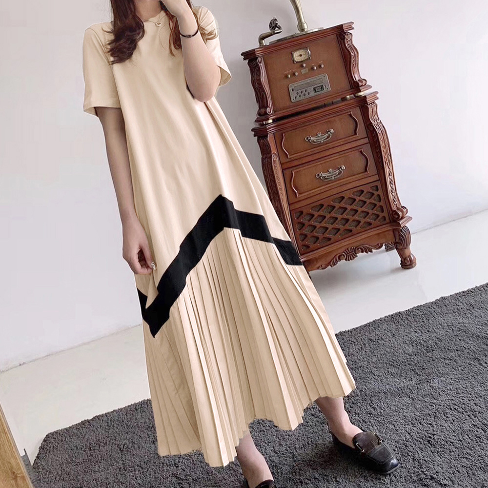 デート服 配色切り替え プリーツ ロングワンピース