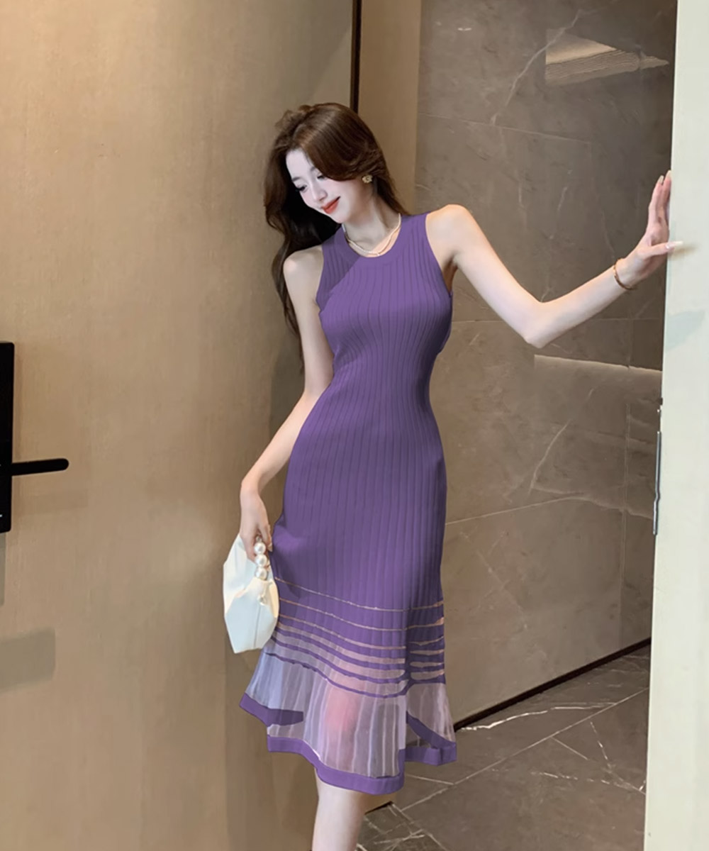 デート服 シースルー裾 ノースリーブニットワンピース 全4色