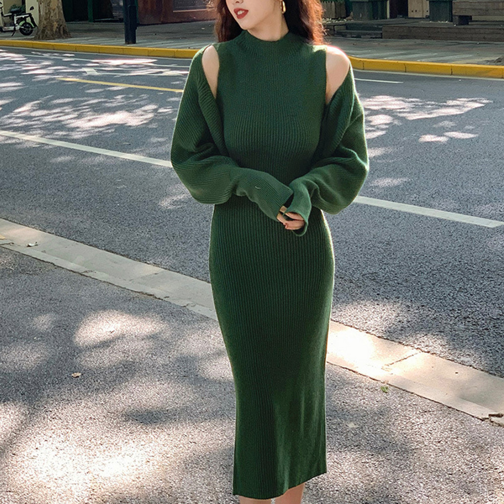 デート服 上品バックスリット ニットワンピース アンサンブル