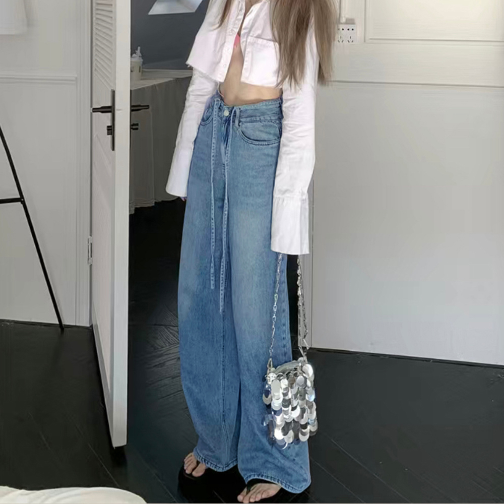 デート服 ハイウエスト紐付きデニムワイドパンツ
