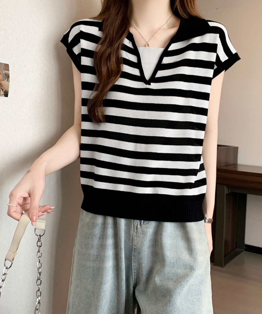 デート服 夏のデート映えボーダーニット Vネック半袖