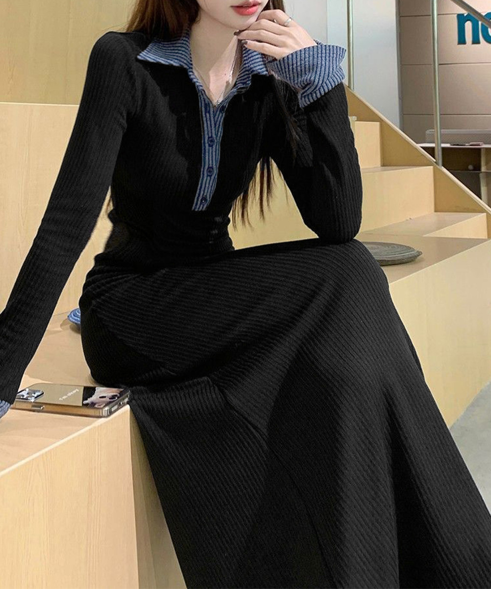 デート服 配色襟付きリブニットロングワンピース