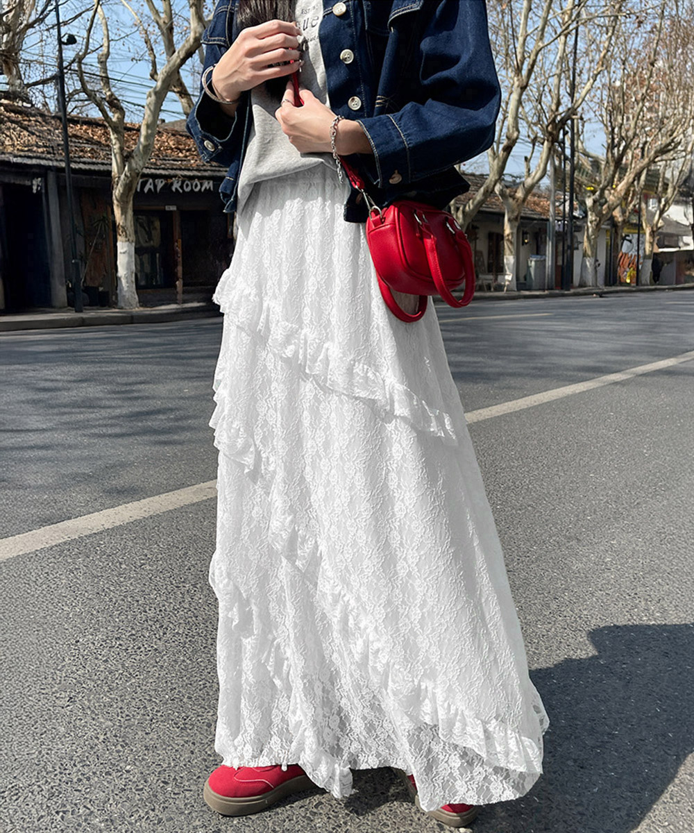 デート服 優美なレースティアードロングスカート