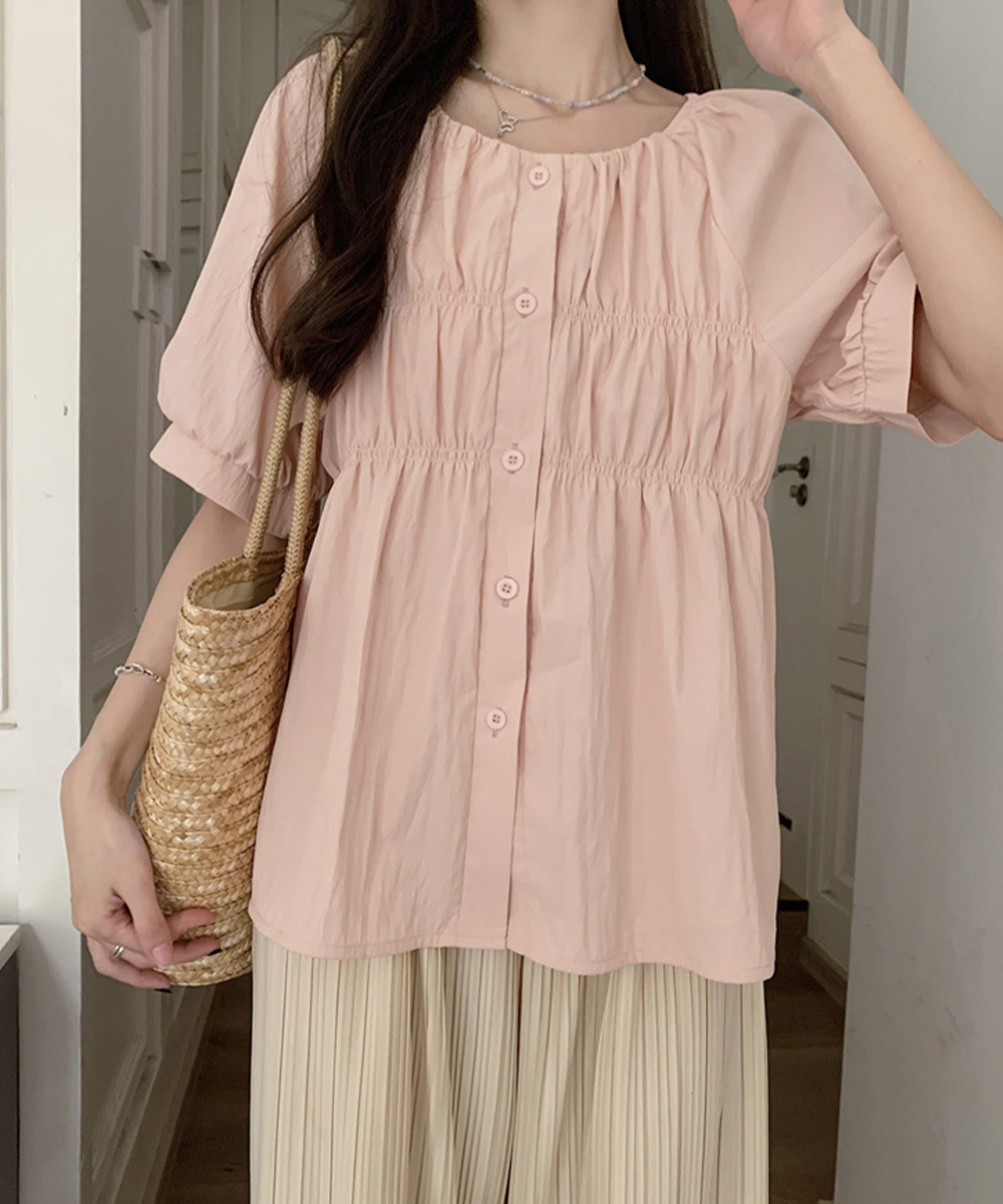 デート服 夏のデート向け シャーリングパフ袖ブラウス