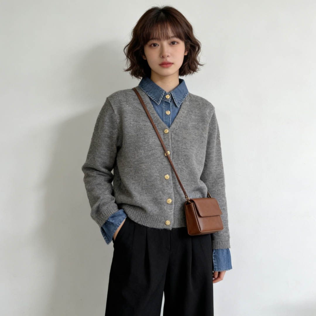 デート服 今季注目の重ね着風ニットカーディガン