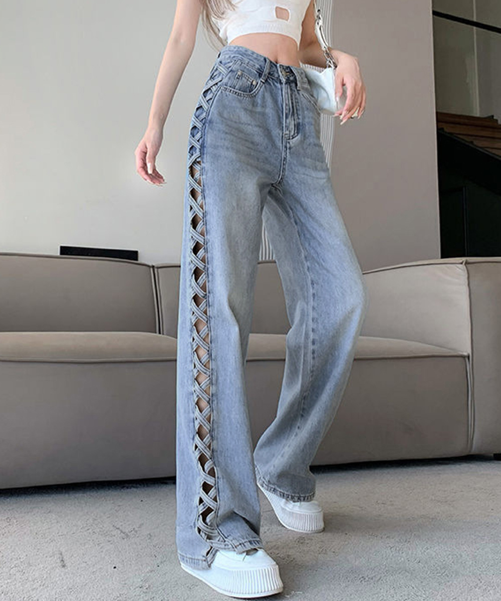 デート服 サイド編み上げデニムパンツ 美脚ズボン