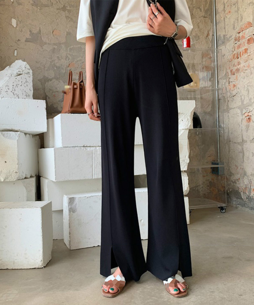デート服 レディース スリット入り ニットワイドズボン